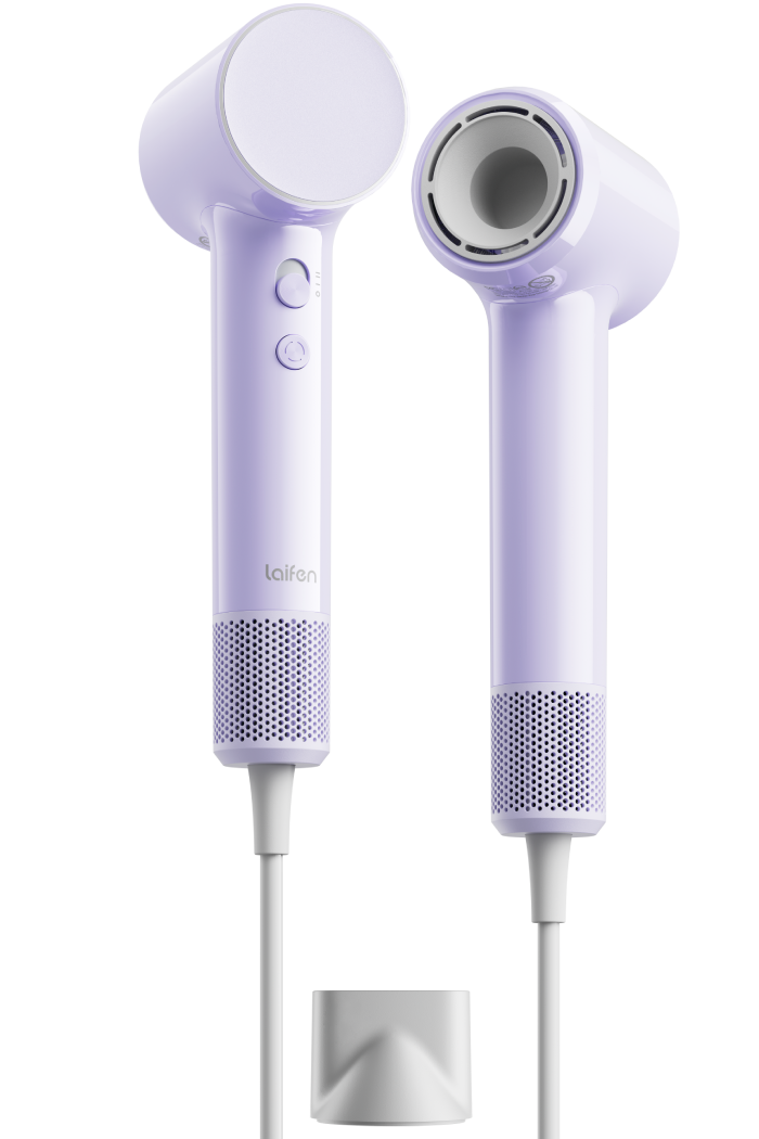 Laifen Air 紫色高速風筒正背面雙視圖，搭配標準順滑風嘴配件。