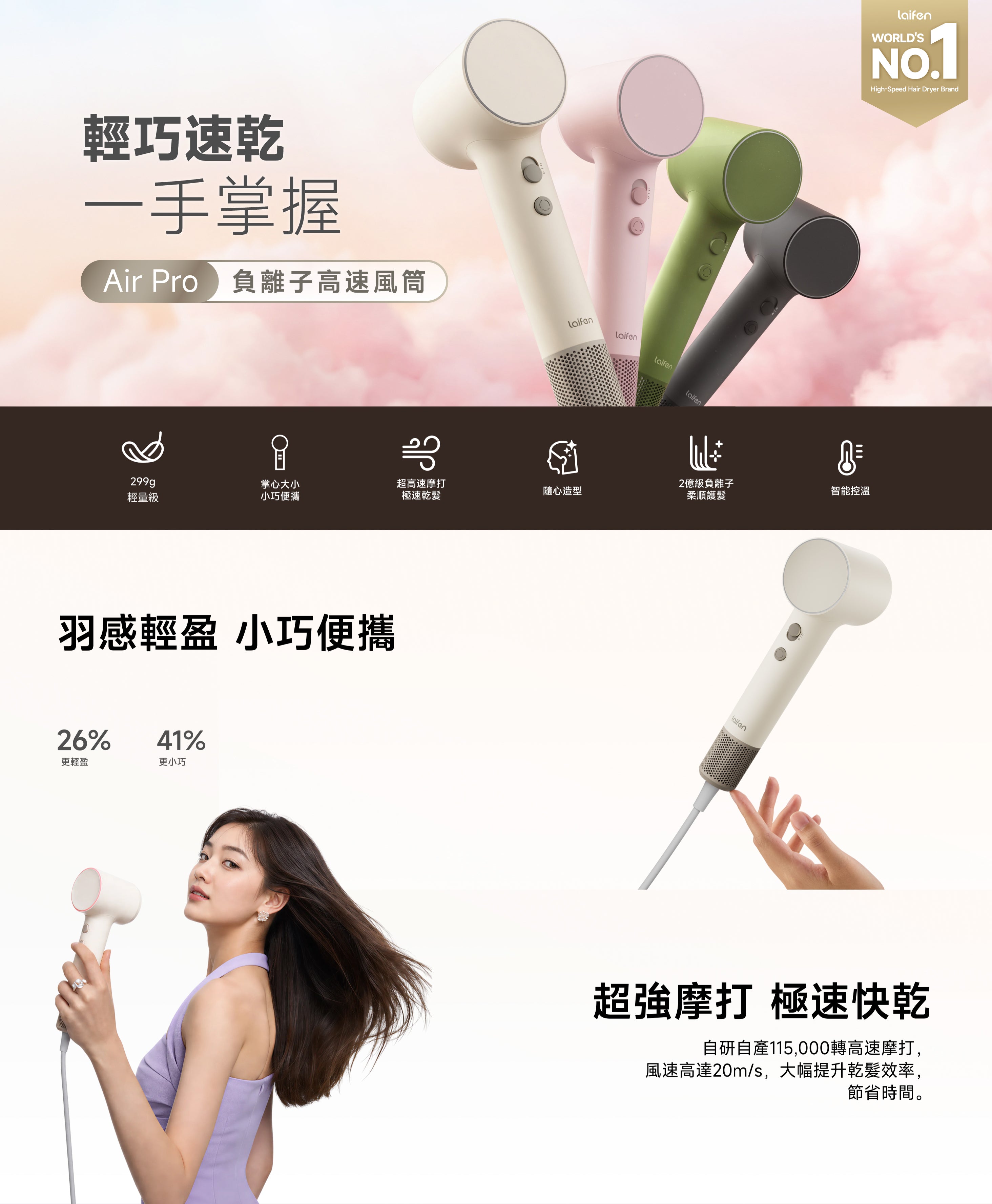 Laifen Air Pro 負離子高速風筒4款顏色展示，具備 299g輕盈機身與 115,000 轉高速馬達，實現極速快乾與輕巧便攜功能。
