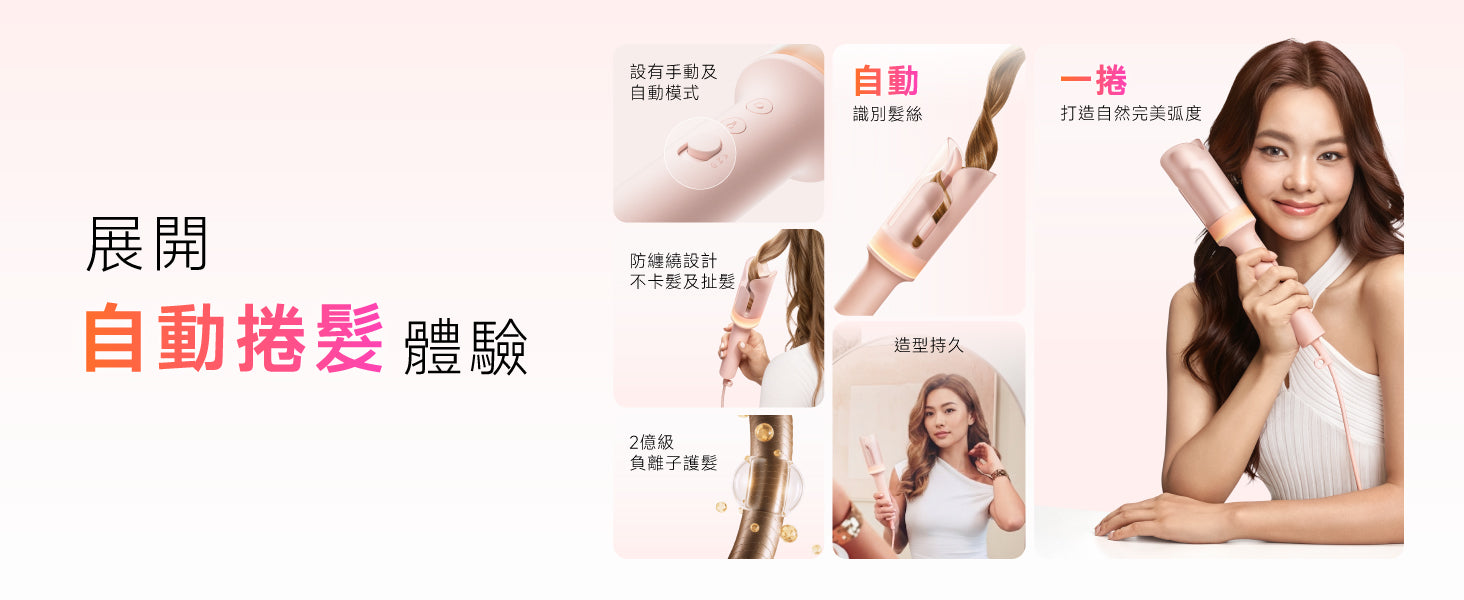 Laifen 智能自動捲髮器核心功能特點總覽，包含自動識別髮絲、防纏繞防卡髮、2億級負離子護髮及持久造型示範。