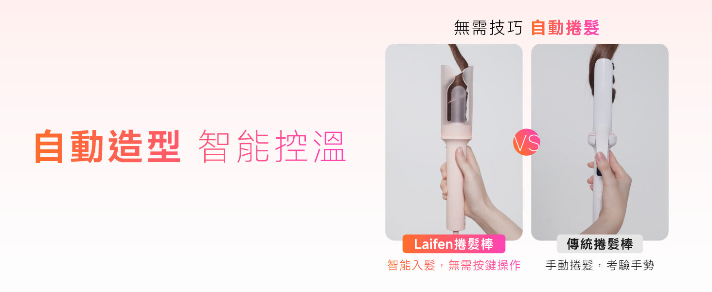 Laifen 智能自動捲髮棒與傳統捲髮棒對比，展示Laifen捲髮棒智能入髮無需按鍵、無需技巧的輕鬆捲髮體驗。