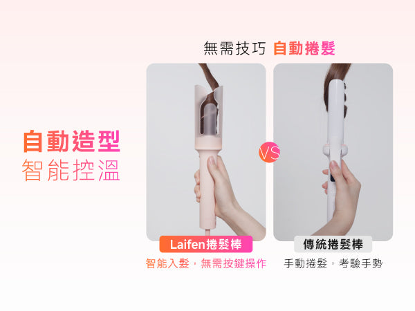 Laifen 智能自動捲髮棒與傳統捲髮棒對比，展示Laifen捲髮棒智能入髮無需按鍵、無需技巧的輕鬆捲髮體驗。