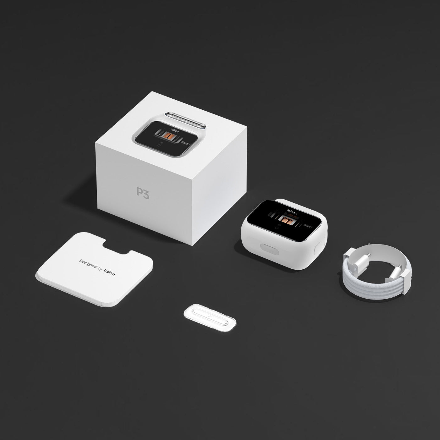 Laifen P3 電鬚刨開箱配件，包含機身、三刀刀頭、充電線，以及安全使用說明等隨機配件，全面實用。