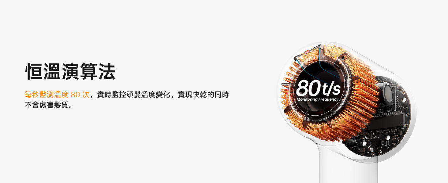 Laifen SE 2 風筒結構透視，恒溫演算法技術，每秒實時監測溫度 80 次，實現高效快乾同時不傷害髮質。
