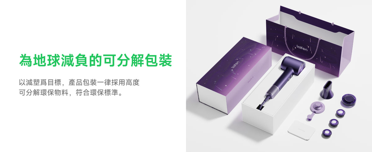 Laifen Swift 4 幻夜紫風筒可分解環保禮盒開箱圖，展現減塑包裝與極光修護質感設計。