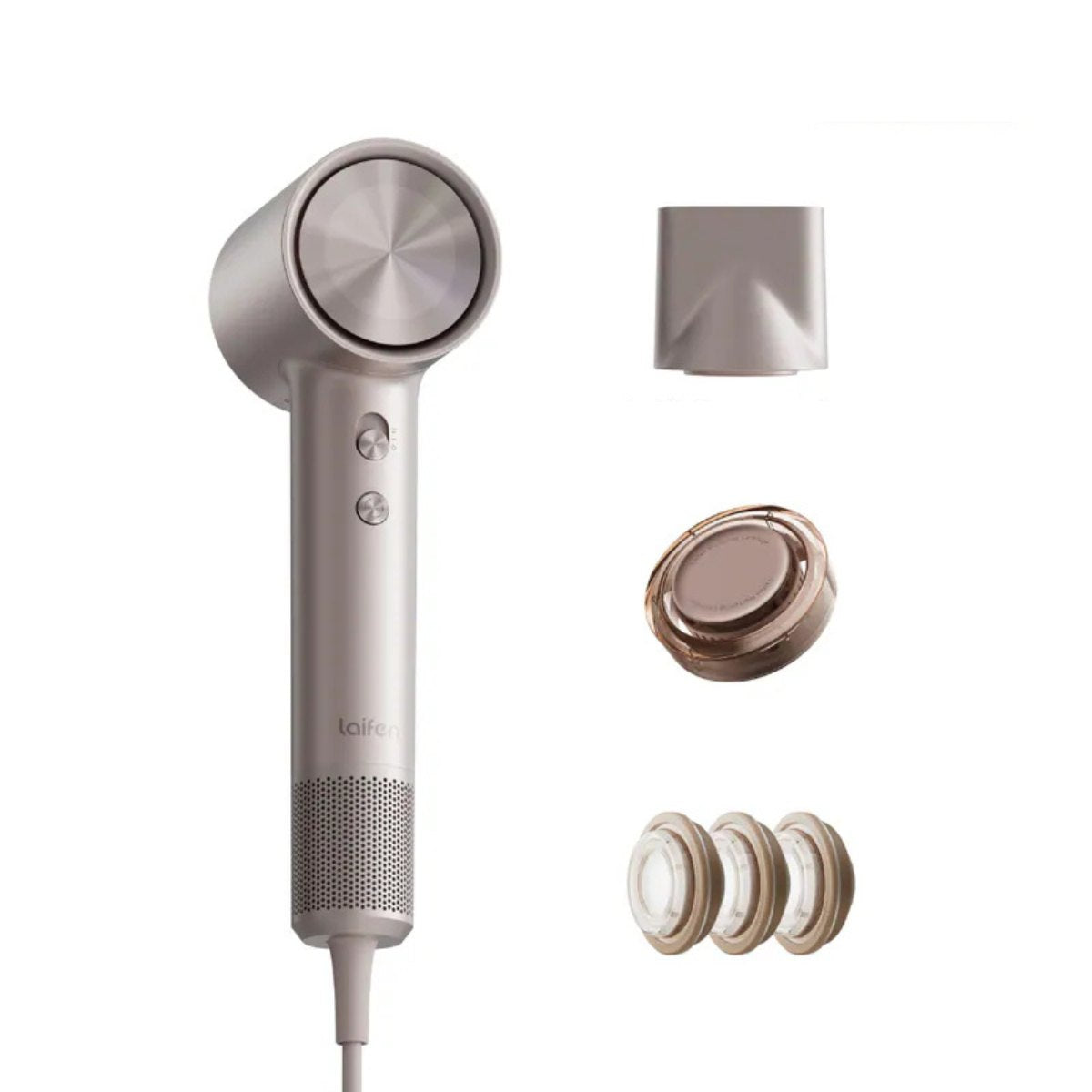Laifen Swift 4星光色高速風筒正背面雙視圖，搭配順滑風嘴、精華導入風嘴及精華艙配件。