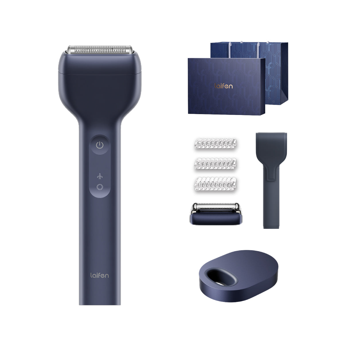 Laifen T1 Pro禮盒，內含長鬚與短鬚刀頭、保護套、鋁合金底座、精緻包裝禮盒等配件，美觀實用，送禮推薦。