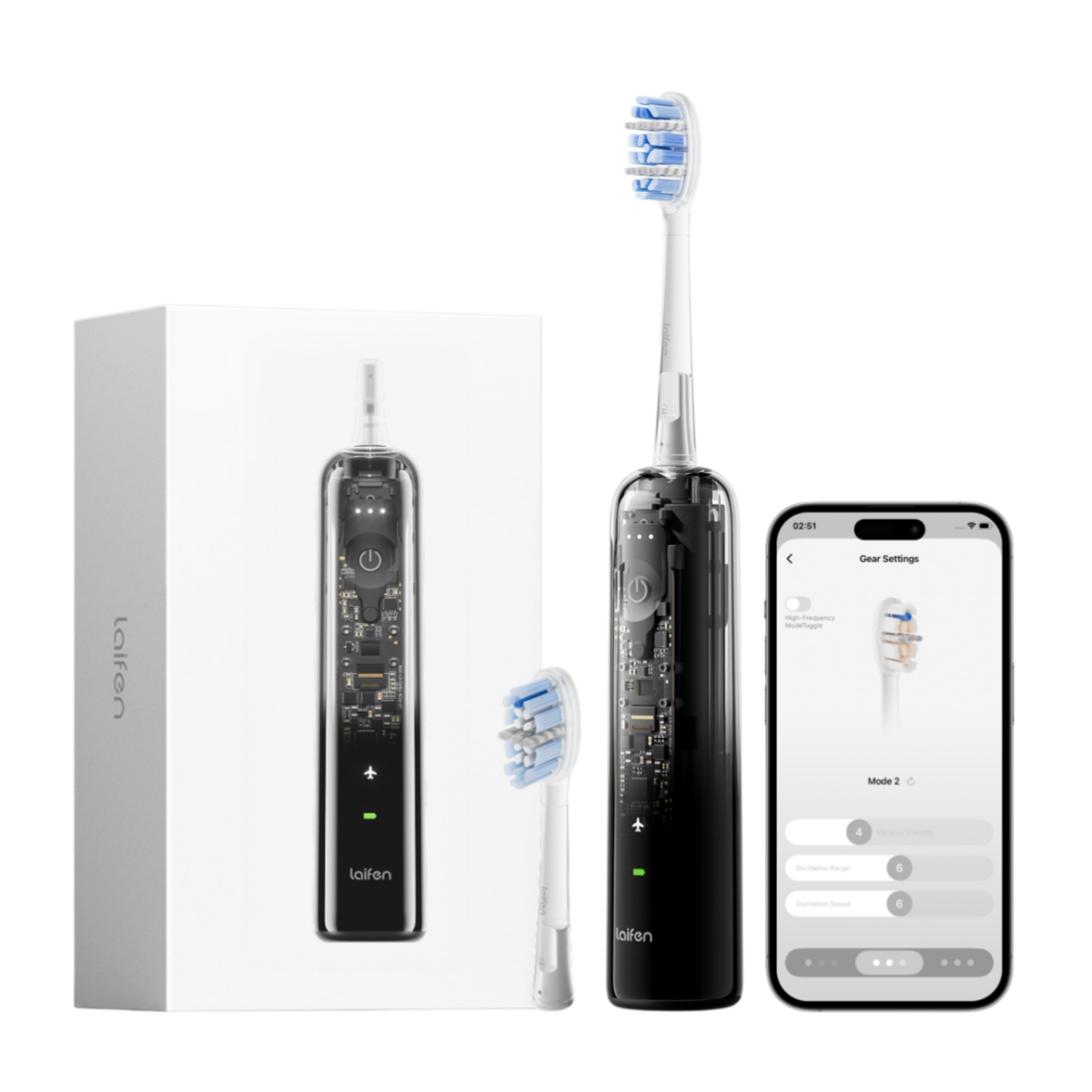 Laifen Wave Pro 專業掃震電動牙刷透明探索版，搭配專屬手機智能調校，輕鬆打造專業級潔淨效果。