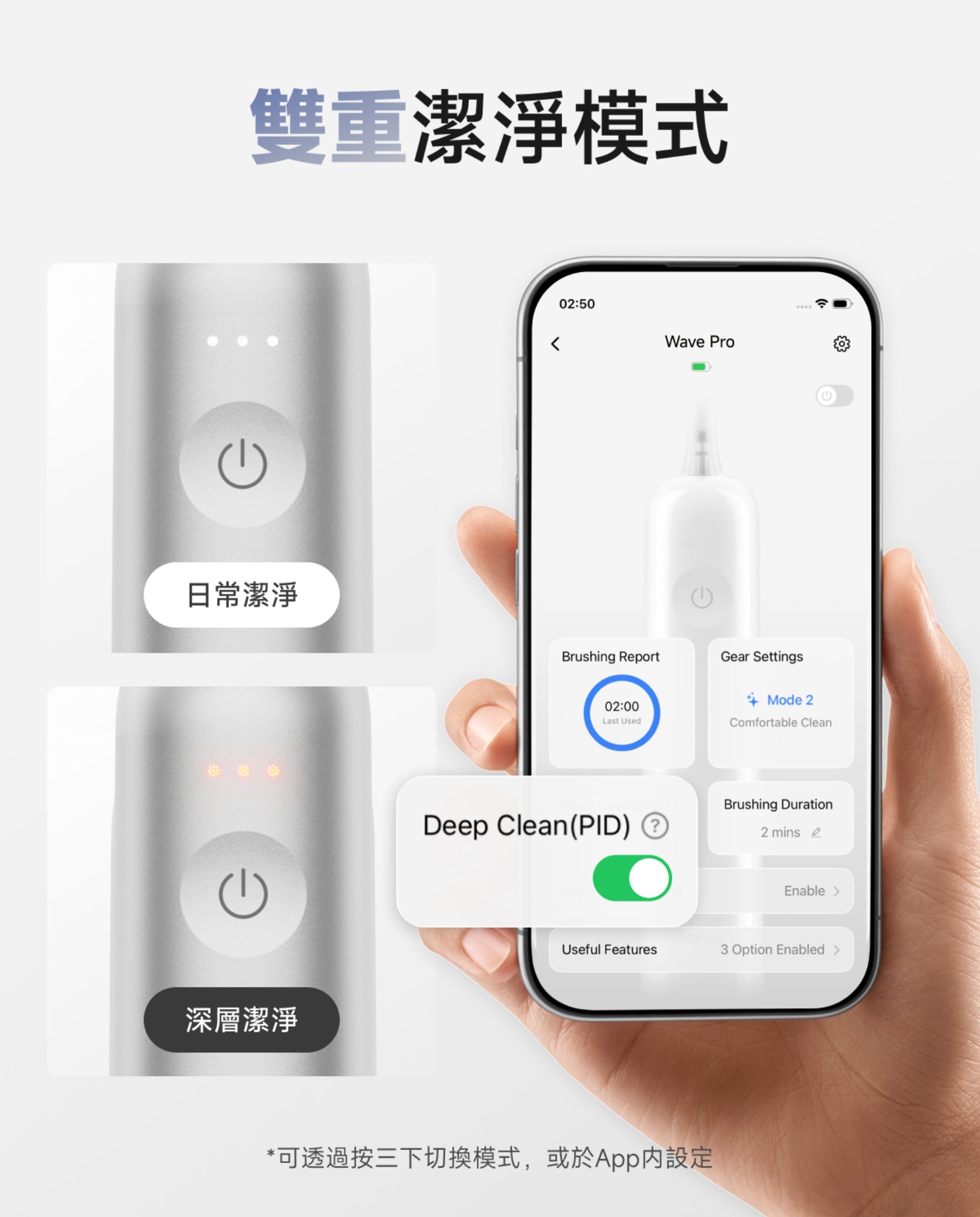 Laifen Wave Pro 電動牙刷支持日常與深層清潔兩種潔净模式，可按三下或於 App 內切換，靈活智能。