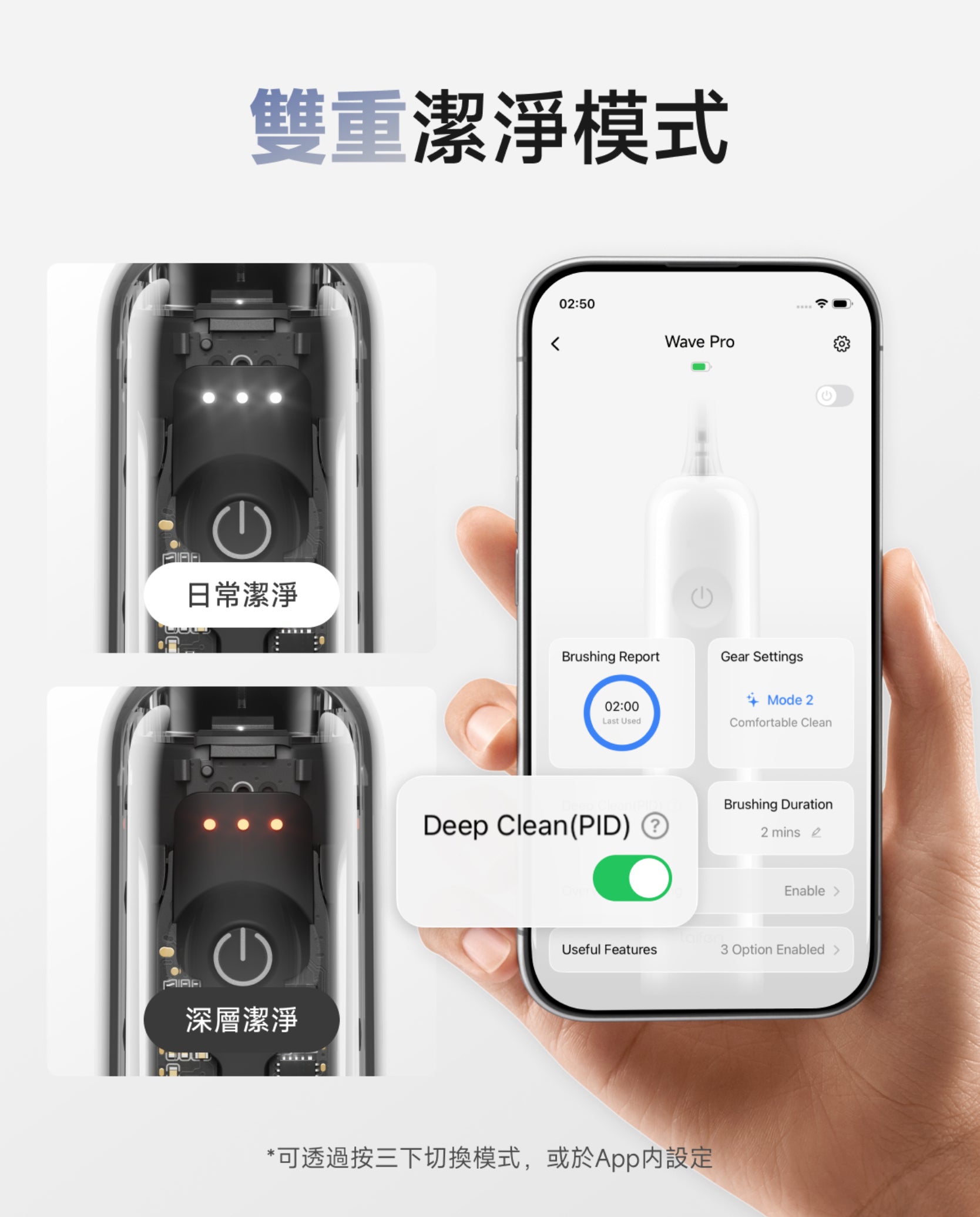 Laifen Wave Pro 電動牙刷支持日常與深層清潔兩種潔净模式，可按三下或於 App 內切換，靈活智能。