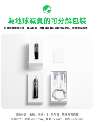 Laifen Wave Pro 電動牙刷以減塑減排為目標，採用可分解環保包裝，內含主機、刷頭、無線充電底座等精緻配件。