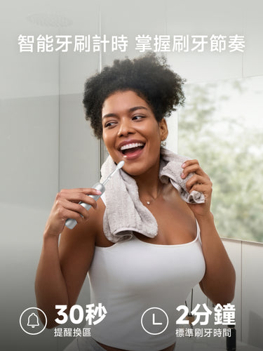 Laifen Wave Pro 電動牙刷使用情境展示，智能計時30秒提醒換區與2分鐘標準刷牙時間，協助精準掌握刷牙節奏。