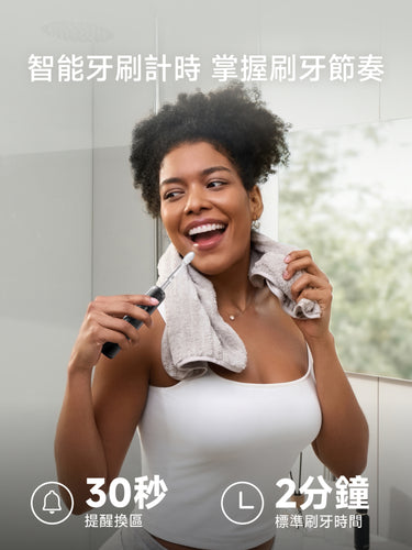 Laifen Wave Pro 電動牙刷使用情境展示，智能計時30秒提醒換區與2分鐘標準刷牙時間，協助精準掌握刷牙節奏。
