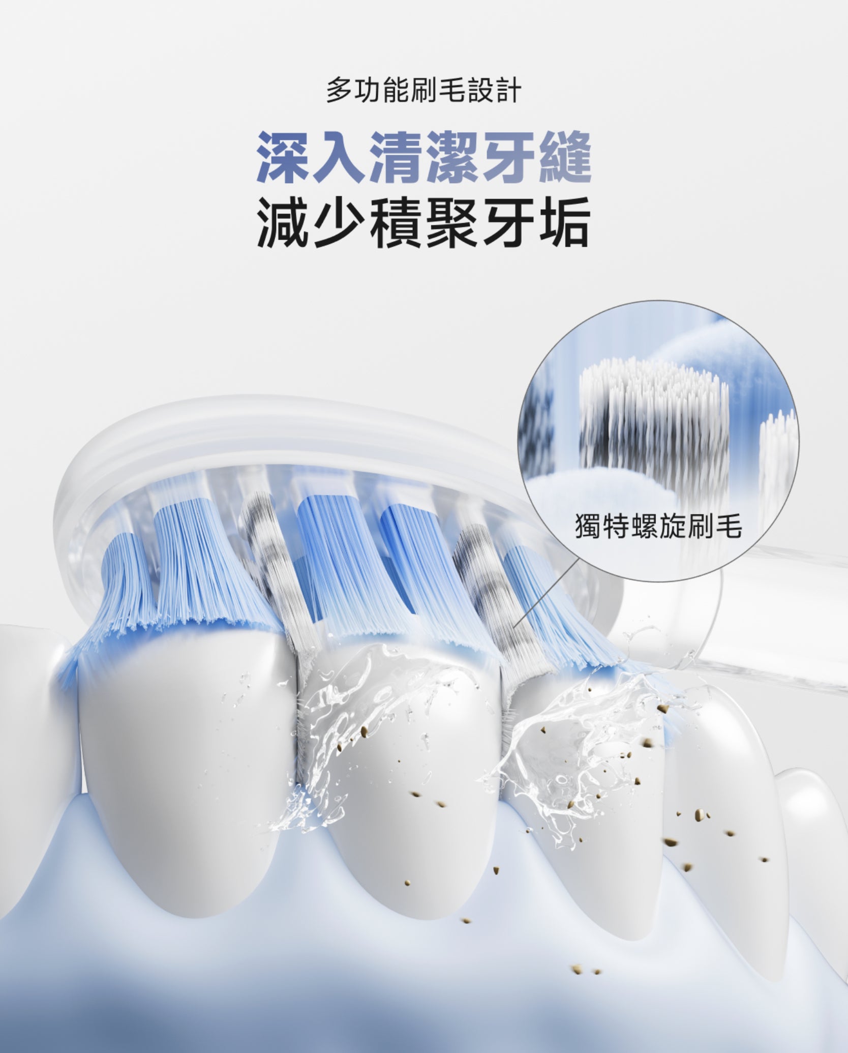 Laifen Wave Pro 電動牙刷螺旋與多功能刷毛設計，能有效深入清潔牙縫，減少積聚牙垢牙漬，清除黃牙。